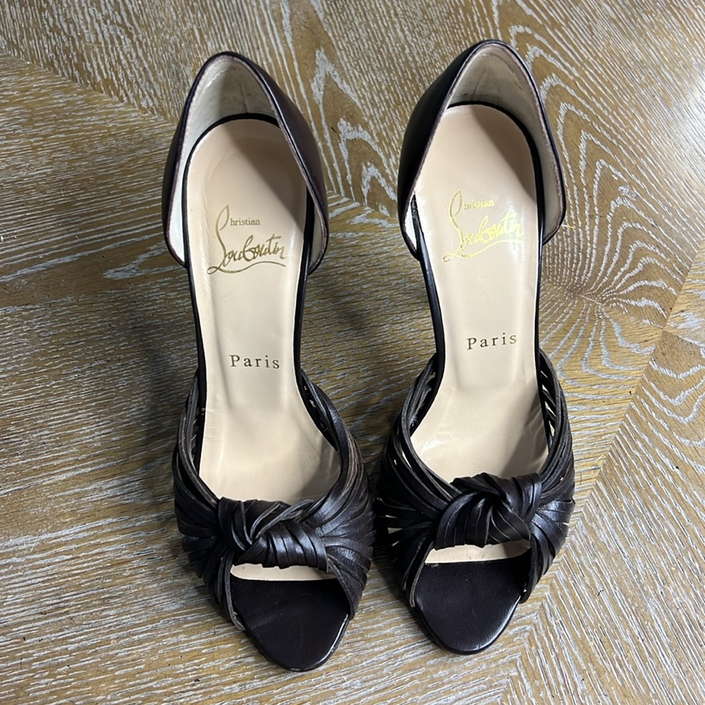 CHRISTIAN LOUBOUTIN Brown Leather Peep-Toe 4”  Heels 36 - Picture 3 of 13
